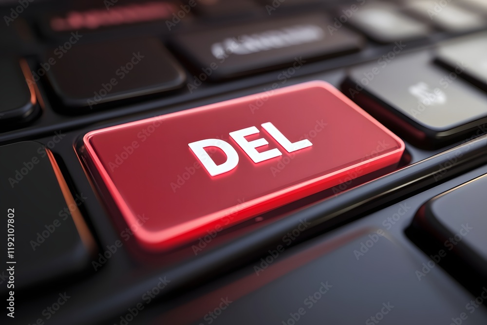 Poster close up red delete button on modern laptop keyboard