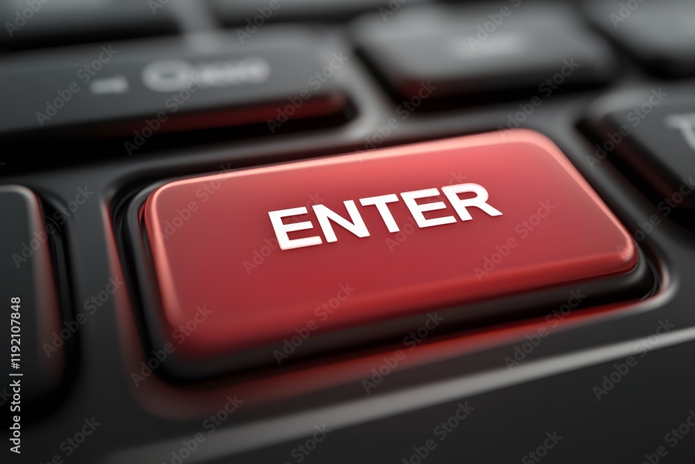 Poster close up of laptop keyboard with prominent red enter button for digital interface and workplace