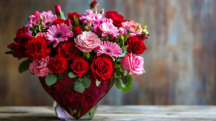 A heart shaped arrangement of various red and pink flowers in a vase 