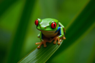 Obraz premium Red-eyed tree frog closeup on green leaves, Red-eyed tree frog closeup, Exotic animal of rain forest.