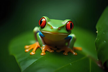 Naklejka premium Red-eyed tree frog closeup on green leaves, Red-eyed tree frog closeup, Exotic animal of rain forest.