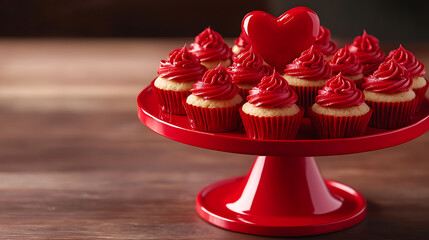 A heart-shaped cake stand with miniature cupcakes decorated with red frosting 