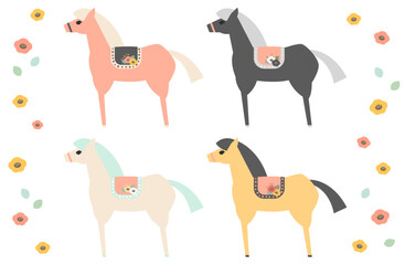 可愛い馬のベクターイラスト素材セット  主線なし 午年 年賀状 