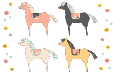 可愛い馬のベクターイラスト素材セット  主線あり 午年 年賀状 