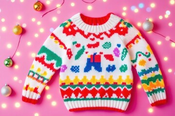 Vibrant Christmas sweater with colorful holiday icons — reindeer, trees, candy canes — on white, set against a pink background with twinkling lights — festive, joyful design for holiday celebrations.