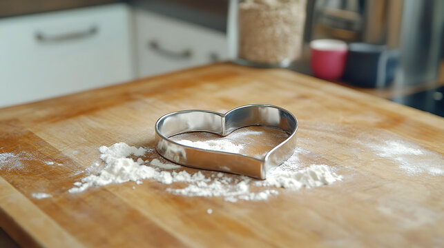 A heart-shaped cookie cutter on a wooden cutting board with scattered flour 