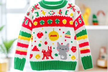 Adorable holiday sweater with a cute gray cat, reindeer, Christmas trees, and candy canes on a white background — colorful red, green, and yellow stripes add festive cheer for cozy winter celebrations