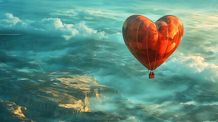 A heart-shaped hot air balloon floating over a landscape 