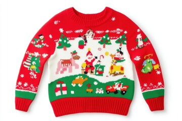 Bright red Christmas sweater featuring a cheerful winter scene with Santa, reindeer, trees, and gifts on a snowy landscape — festive, classic holiday spirit for celebrations.
