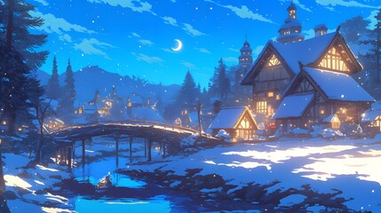 Snowy village landscape with a concept of enchanted Christmas night in anime style, ideal for character design and video game concept art