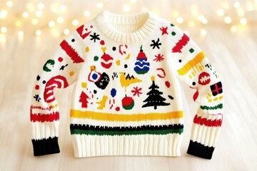 Cozy white knit sweater adorned with colorful Christmas icons — trees, candy canes, snowflakes, and gifts — against warm bokeh lights, perfect for festive holiday cheer.