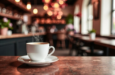 Fototapeta premium a coffee cup with coffee on a wooden table in a cozy cafe decorated in warm colors