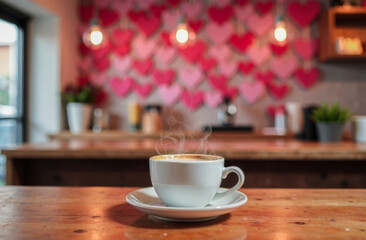 Fototapeta premium the interior of a coffee shop with an interior in the trendy mocha mousse color, decorated with a large number of small pink hearts, for Valentine's Day.