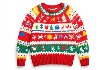 A festive red Christmas sweater with colorful holiday patterns — reindeer, trees, snowflakes, and stars — perfect for cozy winter celebrations and cheerful seasonal style.