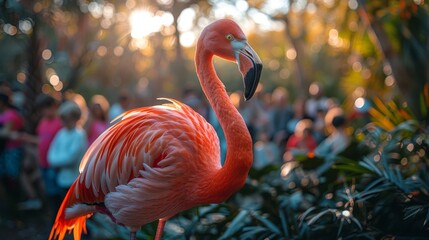 A vibrant pink flamingo stands gracefully amidst lush greenery, its long neck and slender legs creating an elegant silhouette.