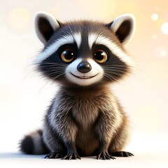 Obraz premium Adorable cartoon raccoon, sitting, bokeh background, children's book illustration