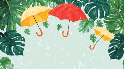 Colorful red and yellow umbrellas float among tropical monstera leaves under gentle rain — playful, vibrant design perfect for summer, travel, or rainy-day themes.