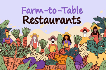Farm-to-table concept with diverse farmers showcasing fresh vegetables and fruits in baskets colorful background agricultural theme banner