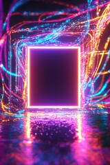 A futuristic scene with a blank rectangular screen frame, suspended in front of a swirling vortex of data streams in vibrant neon colors. 