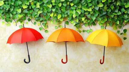 Three colorful umbrellas — red, orange, and yellow — hang beneath a lush green ivy canopy against a soft beige wall — cheerful, whimsical scene perfect for spring or rainy-day themes.