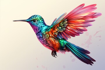 Obraz premium A dazzling hummingbird with iridescent, multicolored feathers, frozen in mid-flight with wings outstretched.