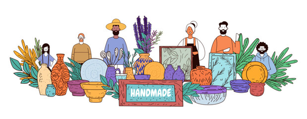 Handmade pottery market diverse artisans colorful ceramics plants decorative elements community gathering