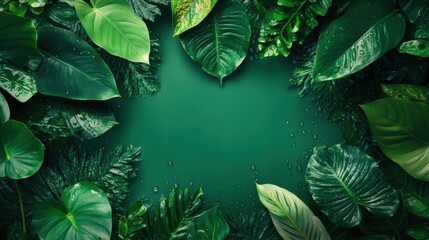 Lush green tropical leaves frame a deep emerald center — vibrant, nature-inspired background ideal for eco, wellness, or botanical-themed designs.