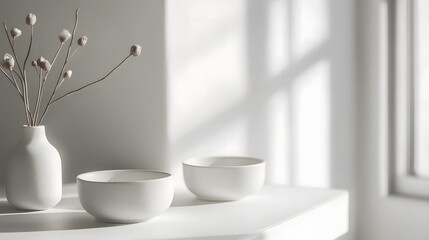 Obraz premium Minimalist Morning Scene with White Pitcher, Mug, and Greenery by a Window