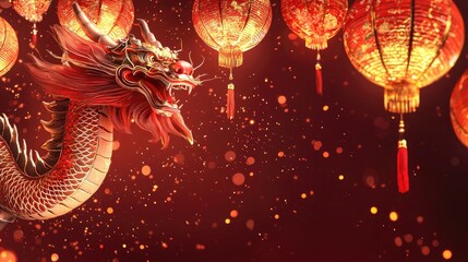 Obraz premium Red dragon, lanterns, celebration, festive background, Chinese New Year greeting