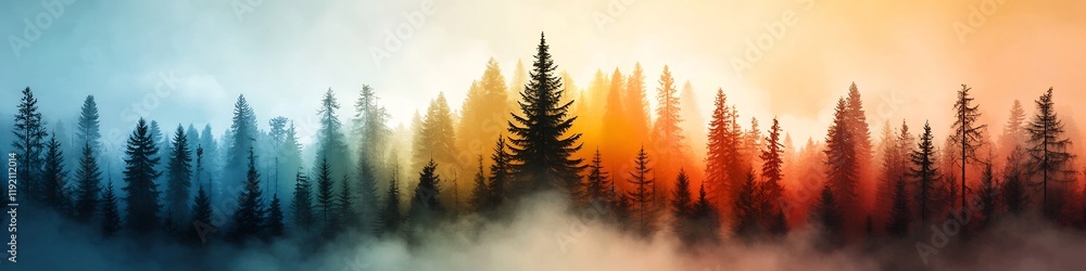Poster vibrant of a forested landscape with atmospheric lighting and fog creating a serene and moody scene 