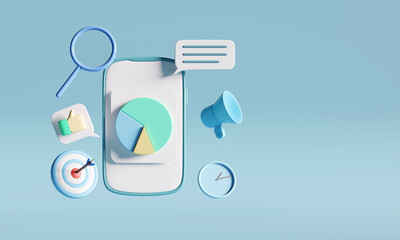 Smartphone with various business-related icons. represents the concept of data analysis, goal setting, and achieving success in business. 3d rendering