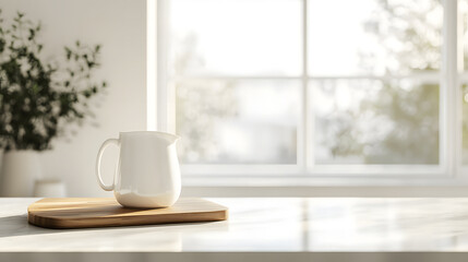 Obraz premium Minimalist Morning Scene with White Pitcher, Mug, and Greenery by a Window