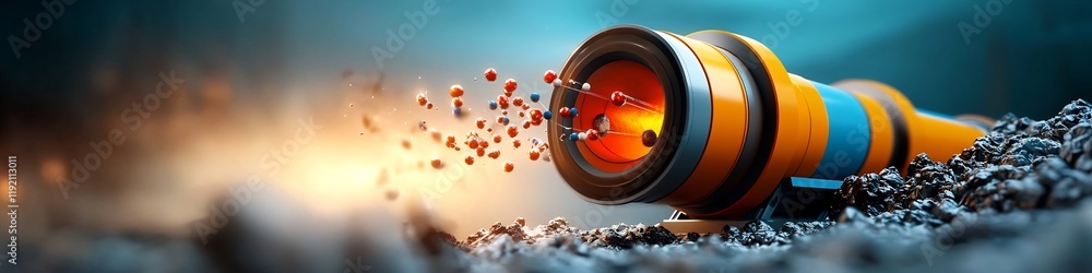 Poster detailed of a high tech particle accelerator instrument measuring the frequency and energy of partic