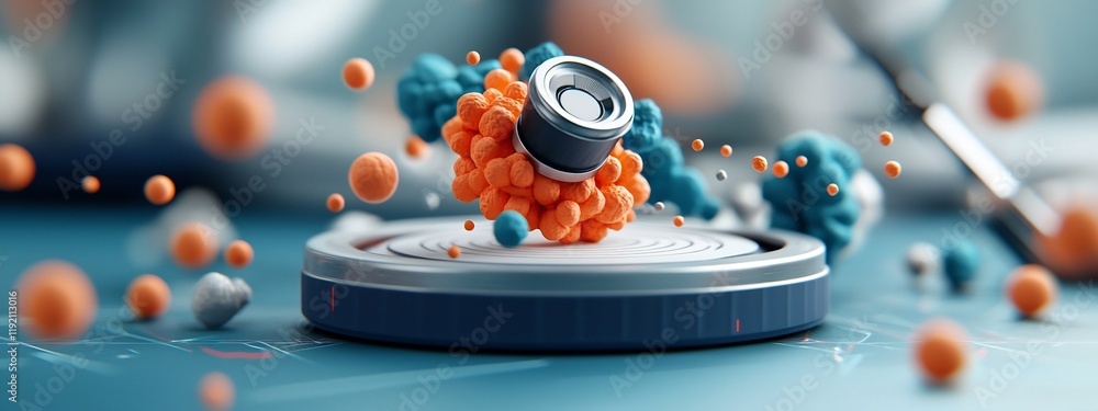 Poster 3d rendered image of a geiger marsden experiment setup visualizing the frequency and patterns of alp