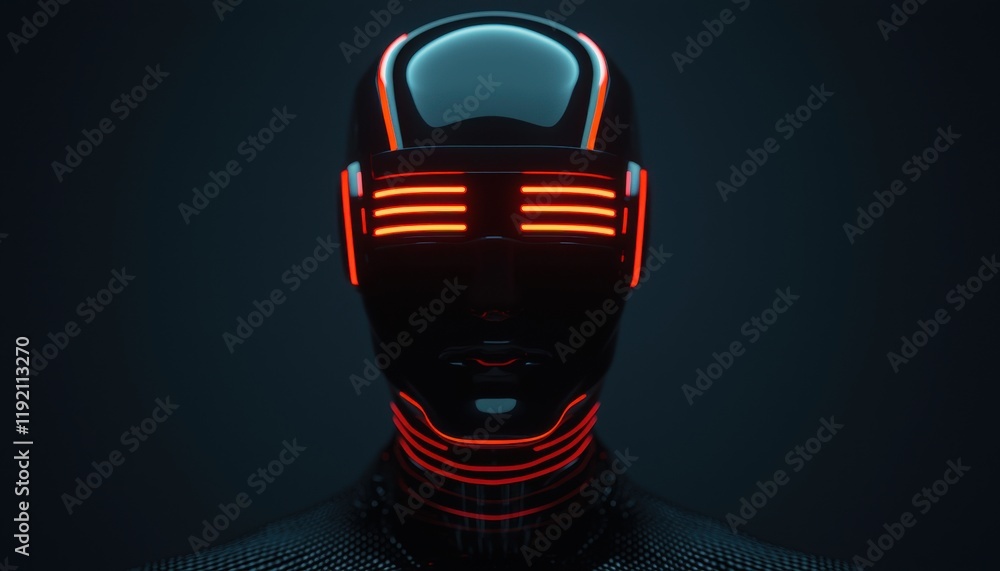 Poster immersive virtual cyber networks. futuristic robot head illuminated with glowing red lines against a