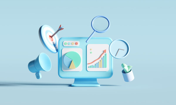 Computer monitor with various business-related icons. represents the concept of data analysis, goal setting, and achieving success in business. 3d rendering