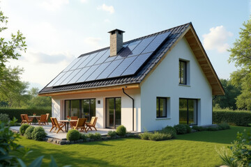 A photo of a newly constructed eco-friendly house with solar panels and energy-efficient windows.