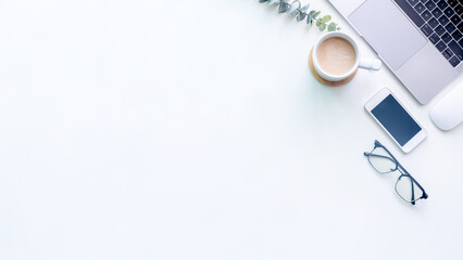 Top View of Modern Workspace on white background. Flat lay concept business design, top view office table desk.