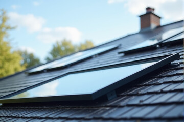 Fototapeta premium A close-up of a roof with both solar panels and a skylight, showing the house’s energy-efficient design.