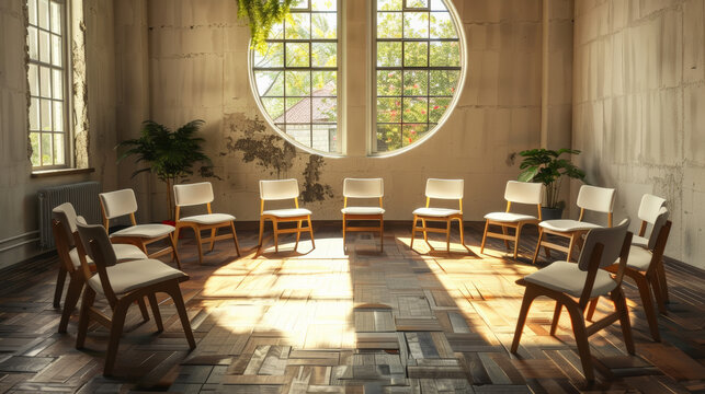 serene space with circle of chairs for open discussion and connection