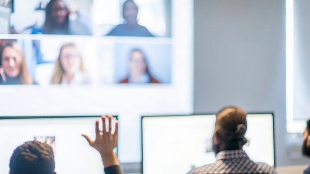 Virtual Class Discussion Scene &ndash; A blurred background depicting students in a virtual classroom discussion.
