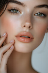 close-up of the face, with beautiful European and American models touching their skin with one hand on a white background