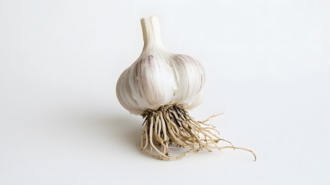 Single bulb of garlic with its roots attached