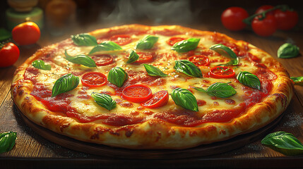 pizza with mushrooms and tomatoes, "Fresh Margherita Pizza with Basil and Cherry Tomatoes, Pizza