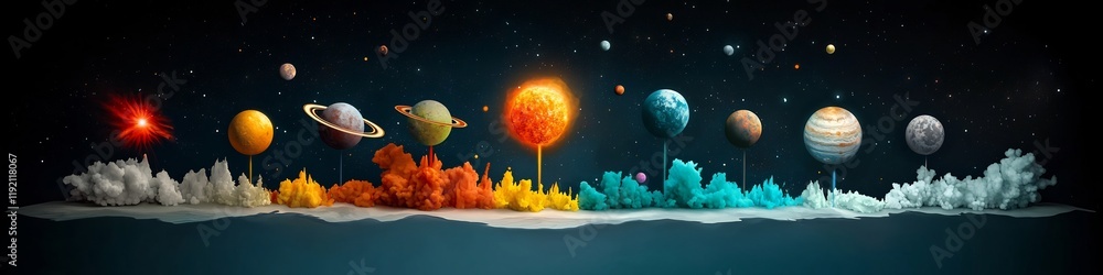 Poster captivating digital artwork depicting a vibrant and diverse array of astronomical phenomena includin