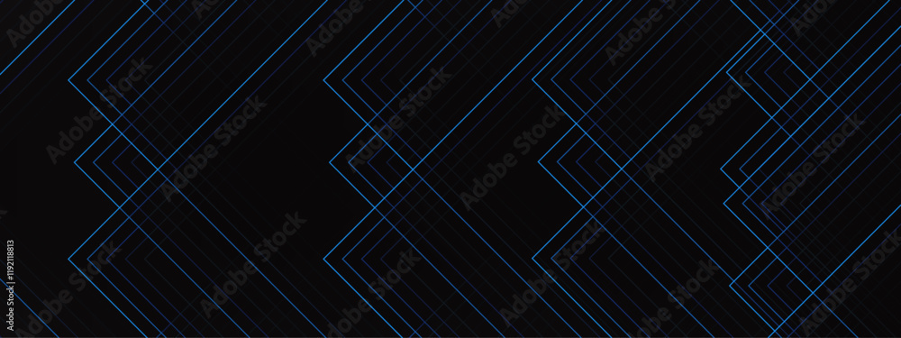 Aufkleber Abstract Chevron Pattern with Subtle Blue Highlights on Black Background. Futuristic and Minimalist Linear Design. Blue and black vector 3D technology futuristic glow with line
