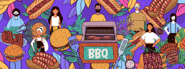 BBQ theme with grill food people colorful. Lively outdoor barbecue scene featuring diverse characters surrounded by grilled meats and vibrant foliage. Perfect for website design