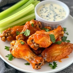A savory and crunchy buffalo chicken wings with a side of celery sticks and blue cheese dipping sauce, served on a white plate, Buffalo wings centered