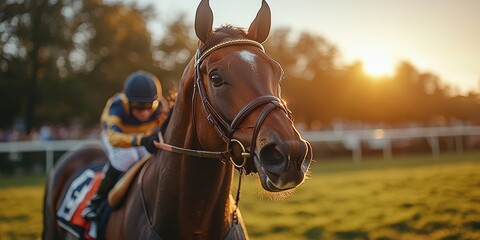 Close-up view of a brown horse with a jockey in the background, set against a blurred backdrop of a race track at sunset.