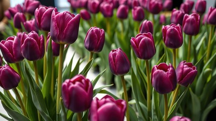 Fototapeta premium Double Purple Tulips, Stunning Close-up, Bright Colors, Photorealistic AI Art